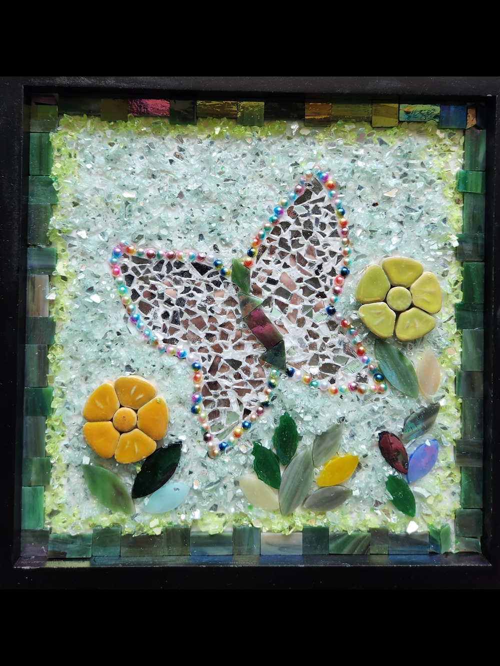 Handmade Yellow & Green Mosaic Butterfly Wall Decore, 10x10, framed.